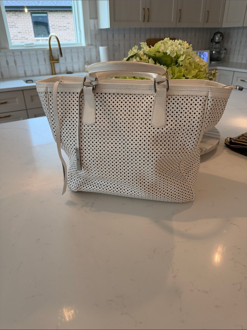 Innue White Perforated Leather Tote Bag